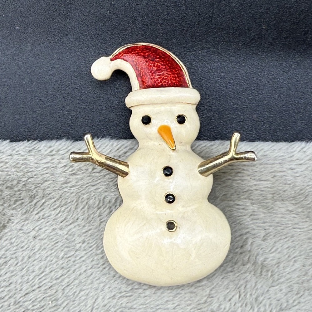 Vintage Eisenberg ICE Brooch Snowman Gold Enamel Holiday Winter Figural